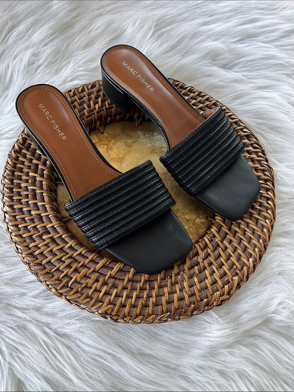 Marc Fisher Black Ribbed Strap Slide Mules